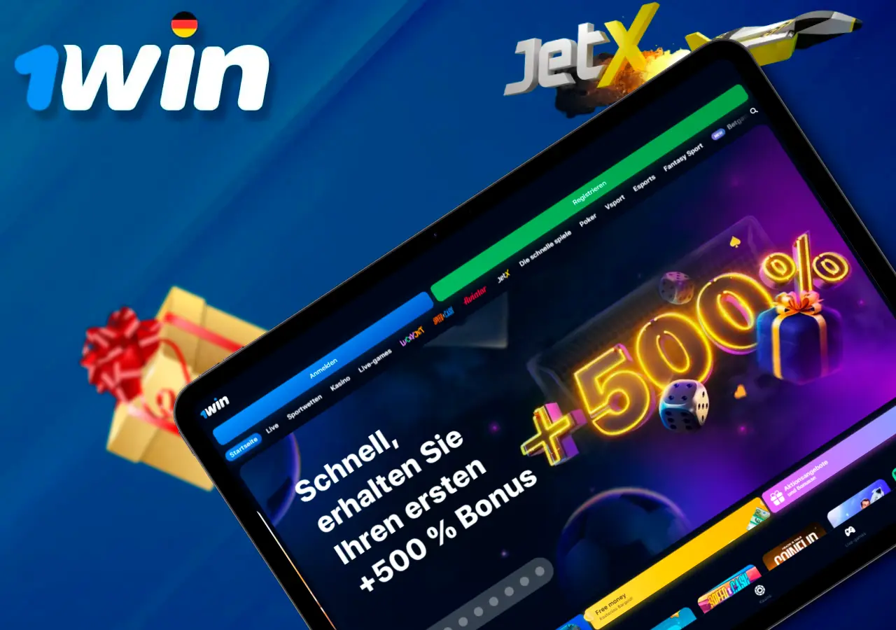 1Win JetX Spiel mit 500% Willkommensbonus Anzeige auf einem Tablet und JetX Logo im oberen rechten Eck