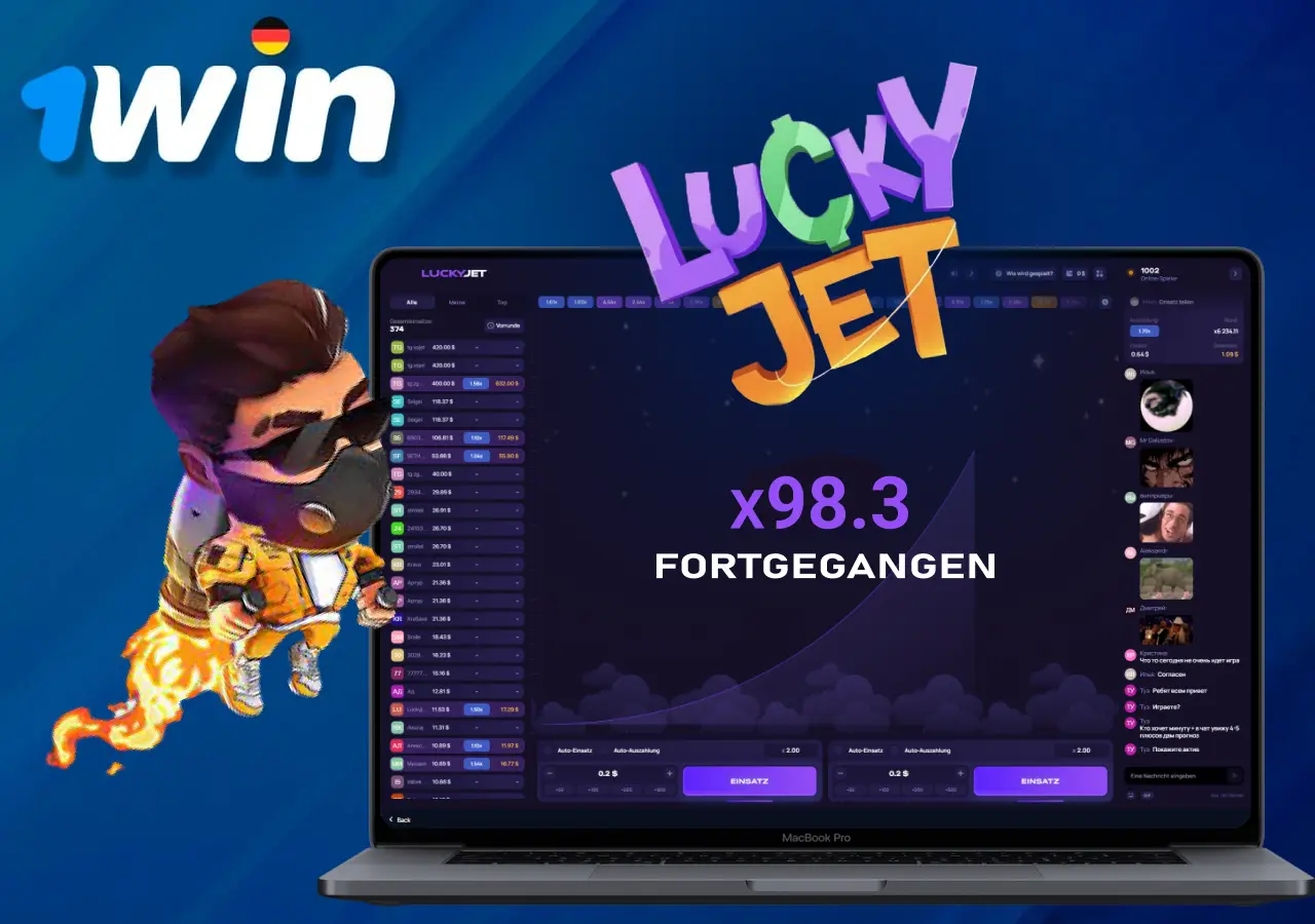 1Win Lucky Jet Spiel Registrierung mit Startkapital auf Laptop-Bildschirm, Charakter mit Raketenrucksack