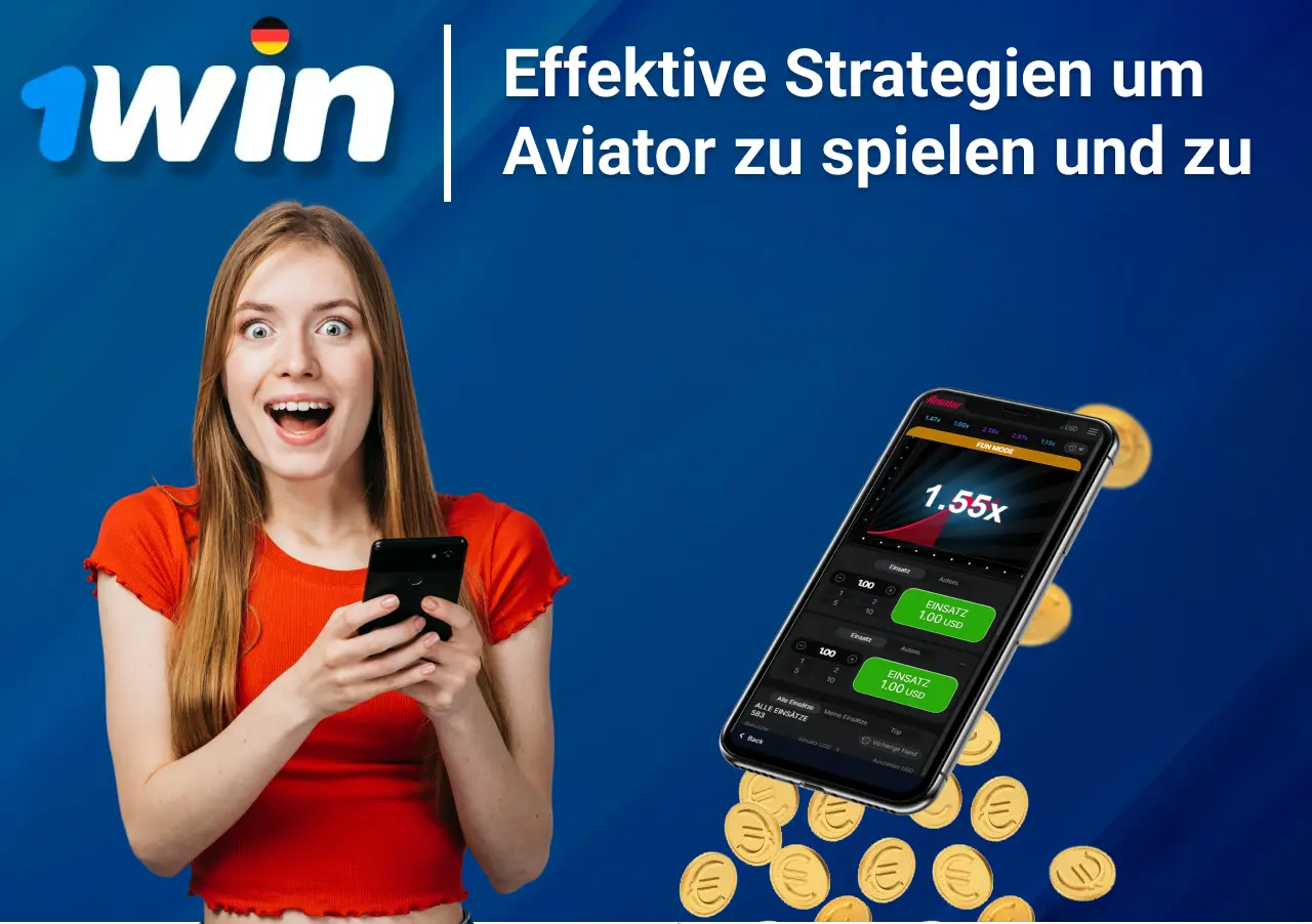 Was sind die Aviator Tricks, eine Frau hält ihr Smartphone und ist von Münzen umgeben