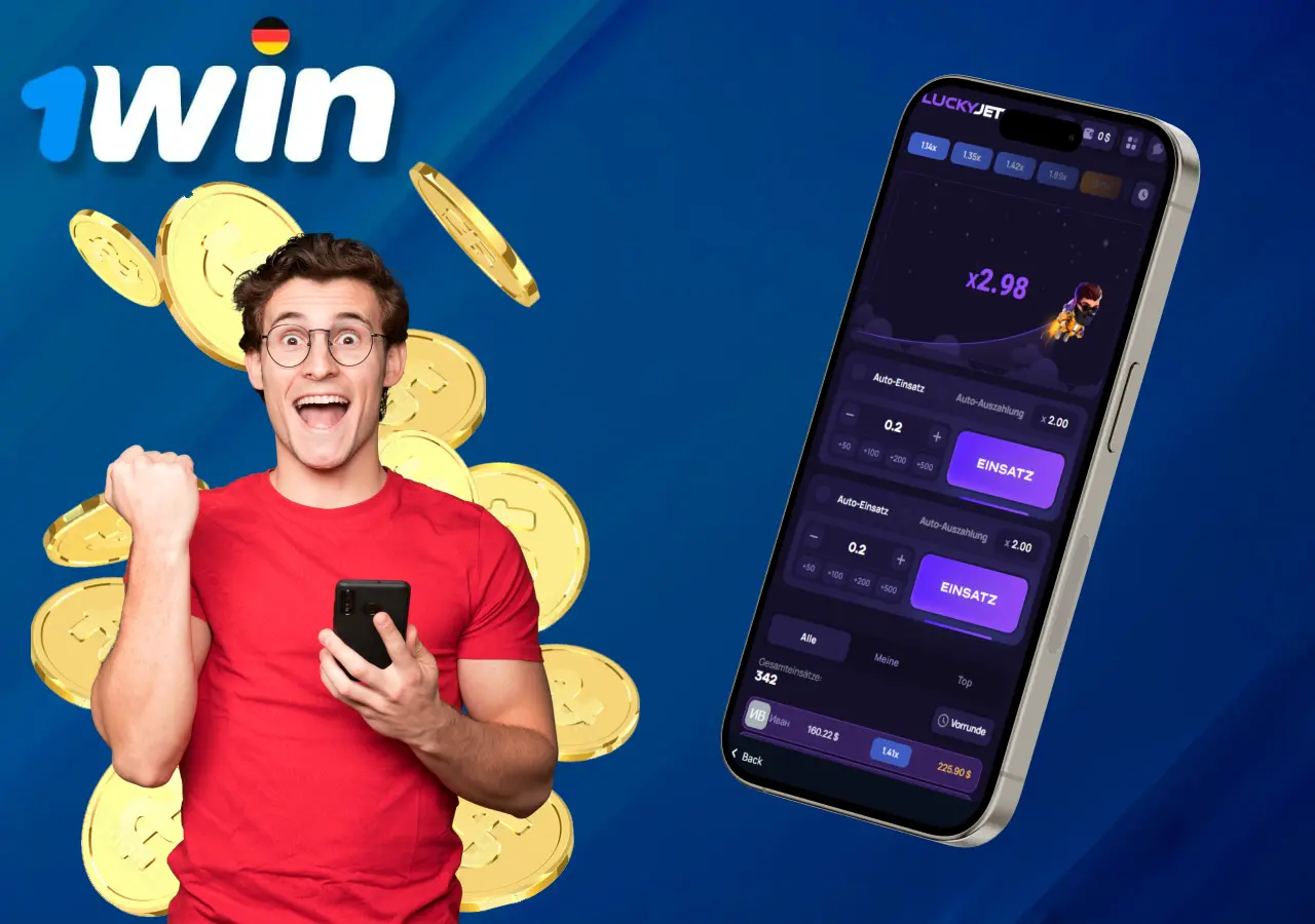 Wie kann man bei Lucky Jet 1Win gewinnen, Spieler mit Münzen im Hintergrund und Smartphone zeigt Lucky Jet Spielvorgang