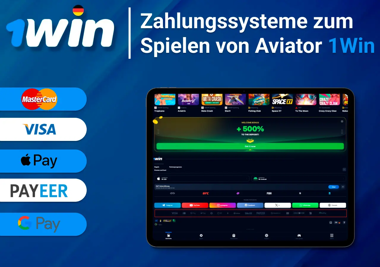 Zahlungssysteme zum Spielen von Aviator , dargestellt mit Logos von MasterCard, Visa, Apple Pay, Payeer und Google Pay auf einem Tablet-Bildschirm