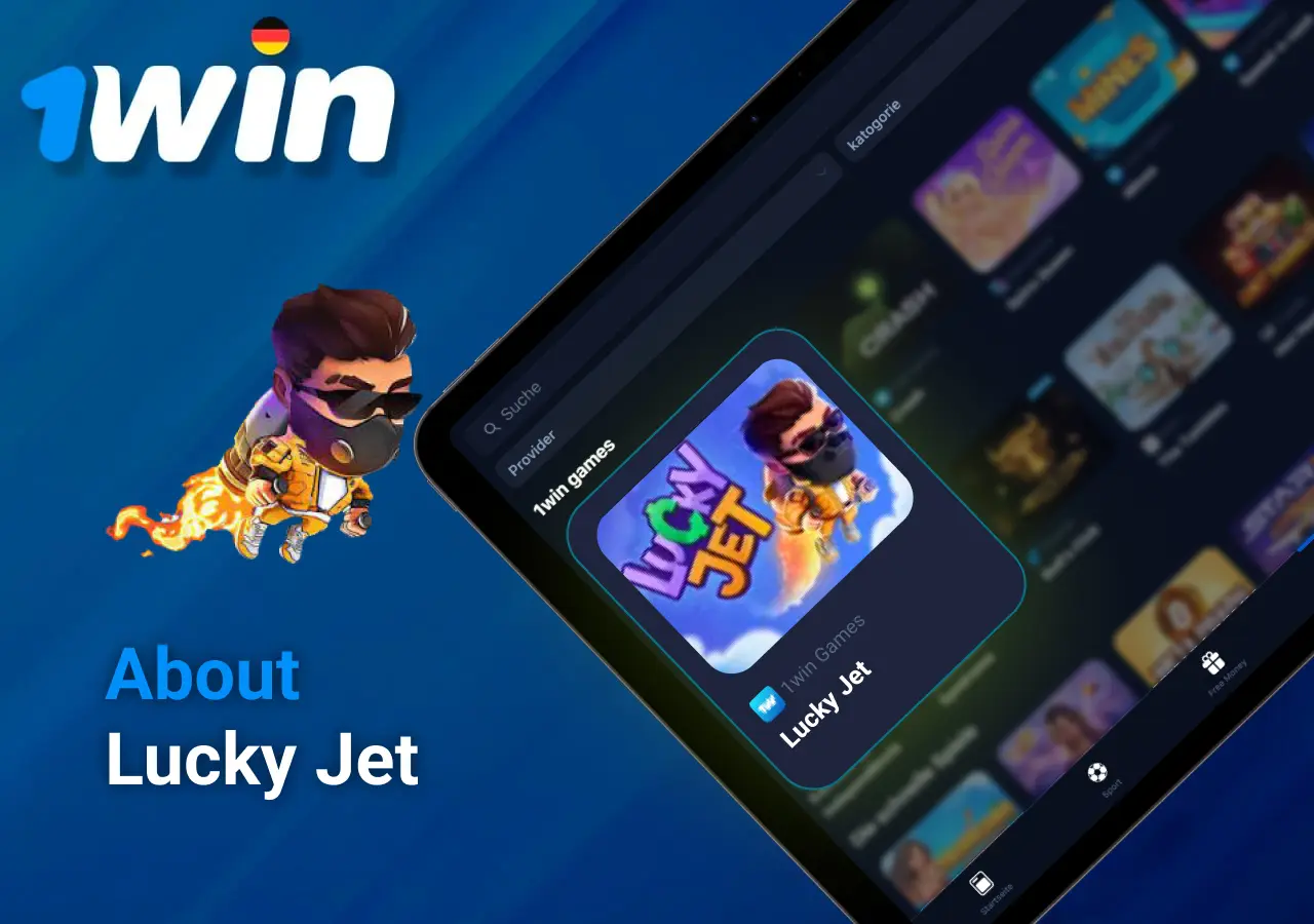 1Win Lucky Jet Spiel Hauptmerkmale auf Tablet-Bildschirm, Charakter mit Raketenrucksack