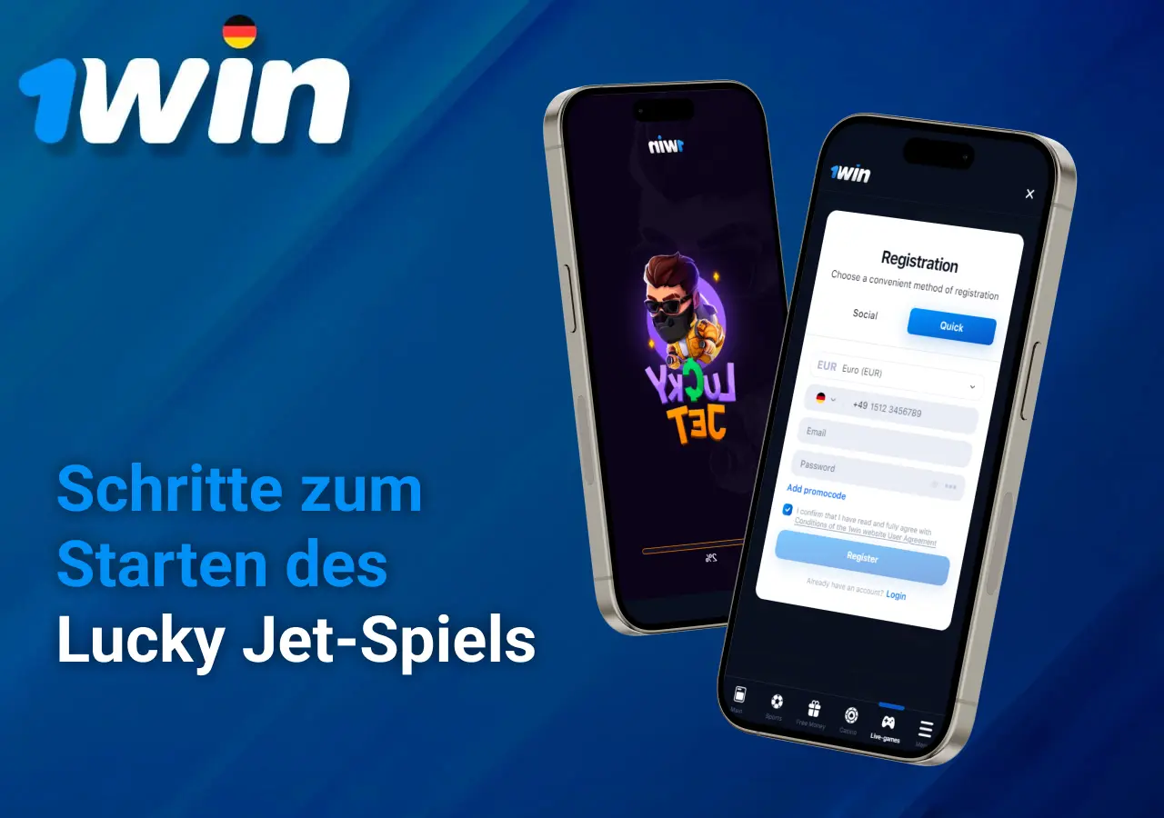 Grundlegende Schritte zum Starten des Lucky Jet-Spiels auf 1Win mit zwei Smartphones, eines zeigt Lucky Jet