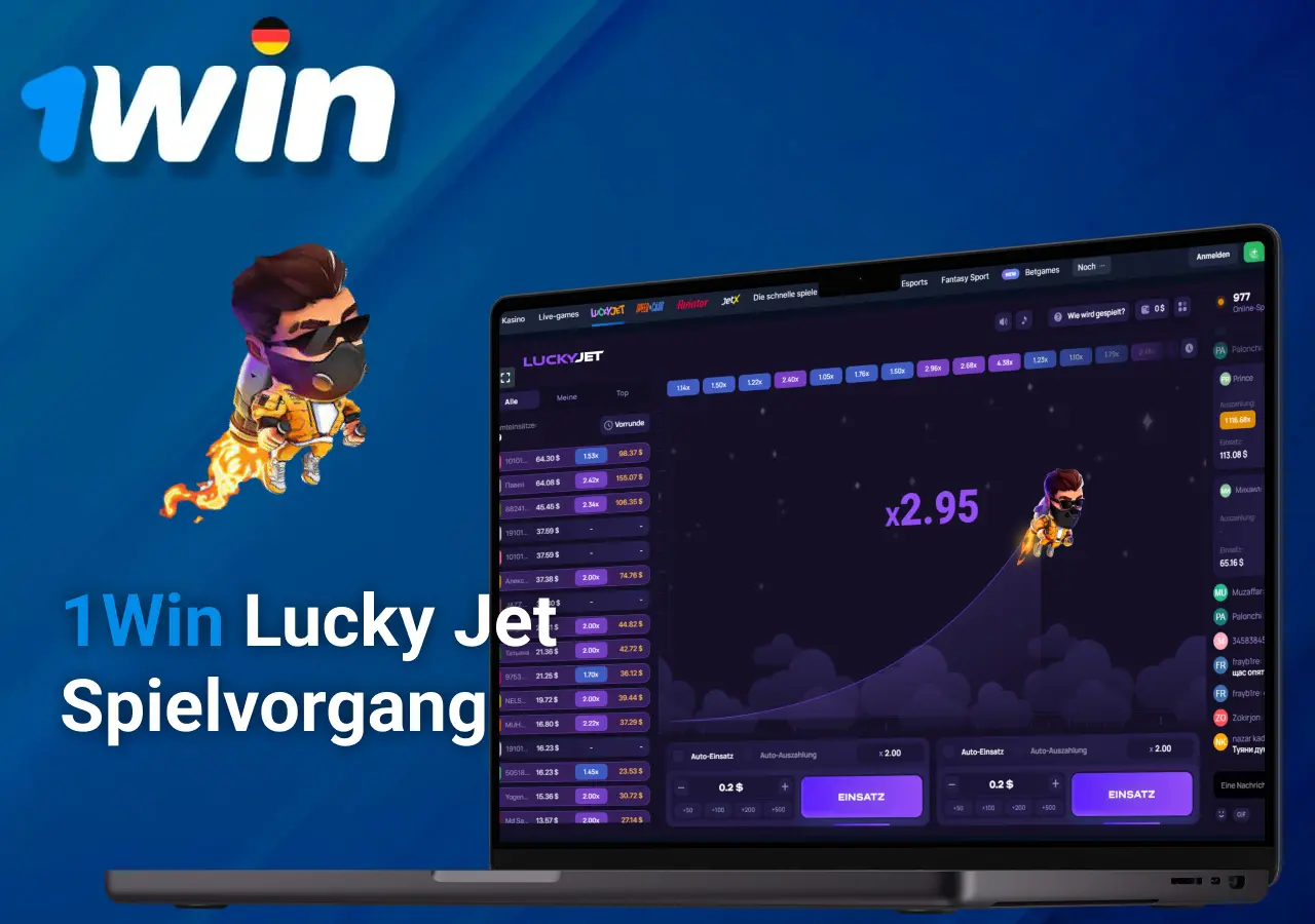 Grundlegende Schritte zum Starten des Lucky Jet-Spiels auf 1Win mit zwei Smartphones, eines zeigt Lucky Jet