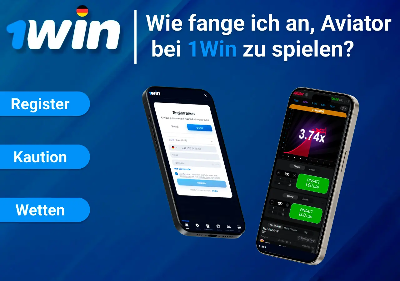 Wie fange ich an, Aviator bei zu spielen, Registrierung und Spielbildschirm auf zwei Smartphones