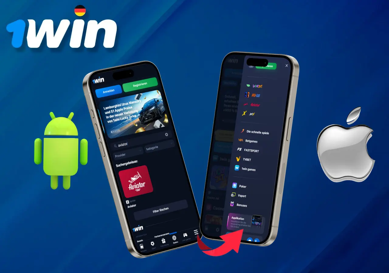 1Win Aviator App Download-Anwendungen für Android und iOS, angezeigt auf zwei Smartphones