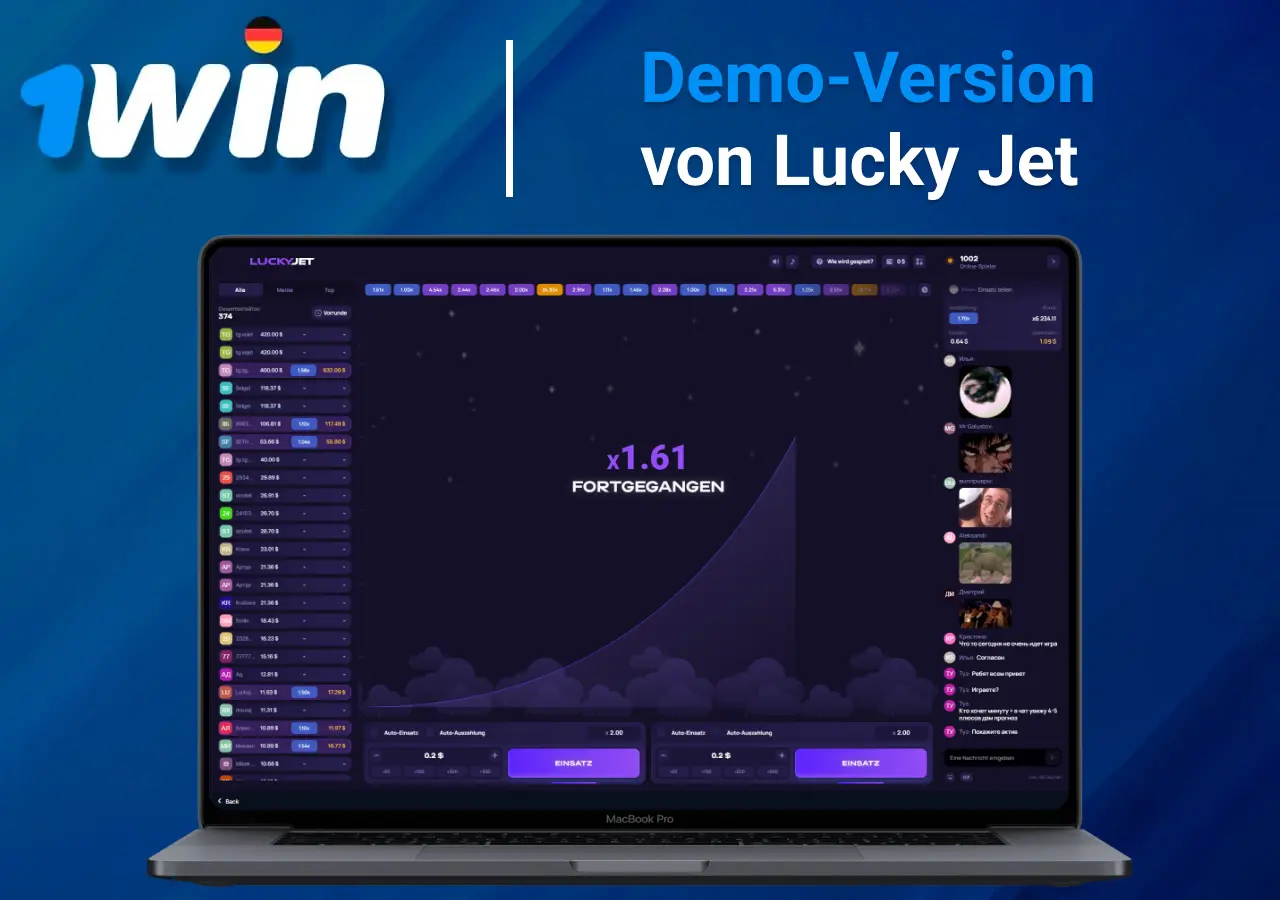 Demo-Version von Lucky Jet auf 1Win, dargestellt auf einem Laptop-Bildschirm mit Charakter