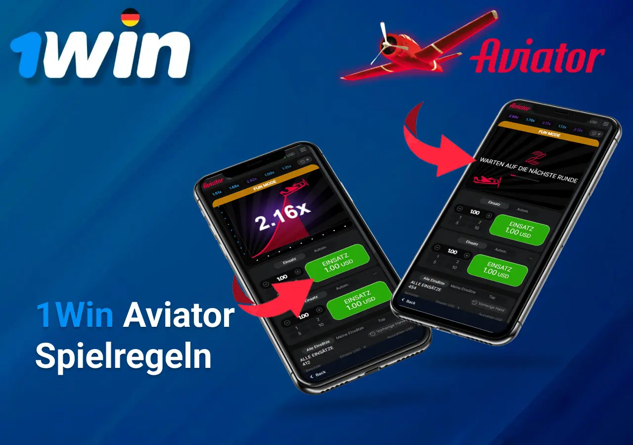 Aviator Spielregeln mit zwei Smartphone-Bildschirmen, die den Spielverlauf zeigen