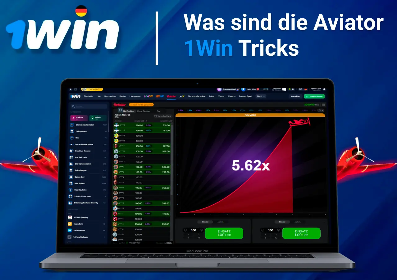 Was sind die Aviator Tricks, der Spielbildschirm zeigt das Aviator Spiel auf einem Laptop