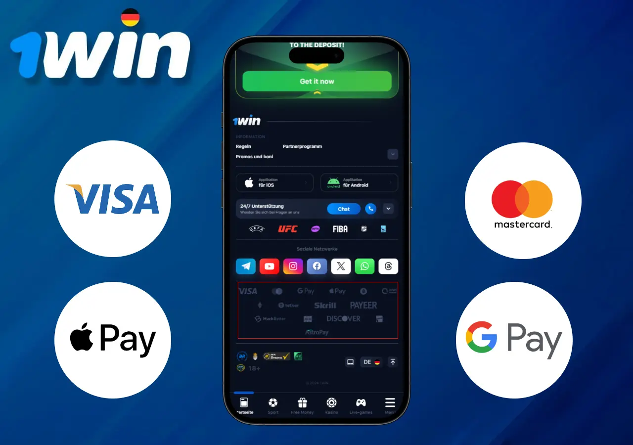 Zahlungsoptionen bei 1Win mit Visa, Mastercard, Apple Pay, Google Pay Logos auf einem Smartphone-Bildschirm